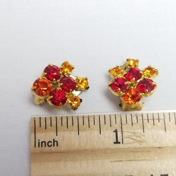 Vintage Red Orange Little Rhinestone Cluster Clip On Earrings Made in Austria - Picture 6 of 8